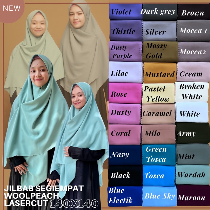 BARU Jilbab Segiempat jumbo Woolpeach Lasercut 140x140