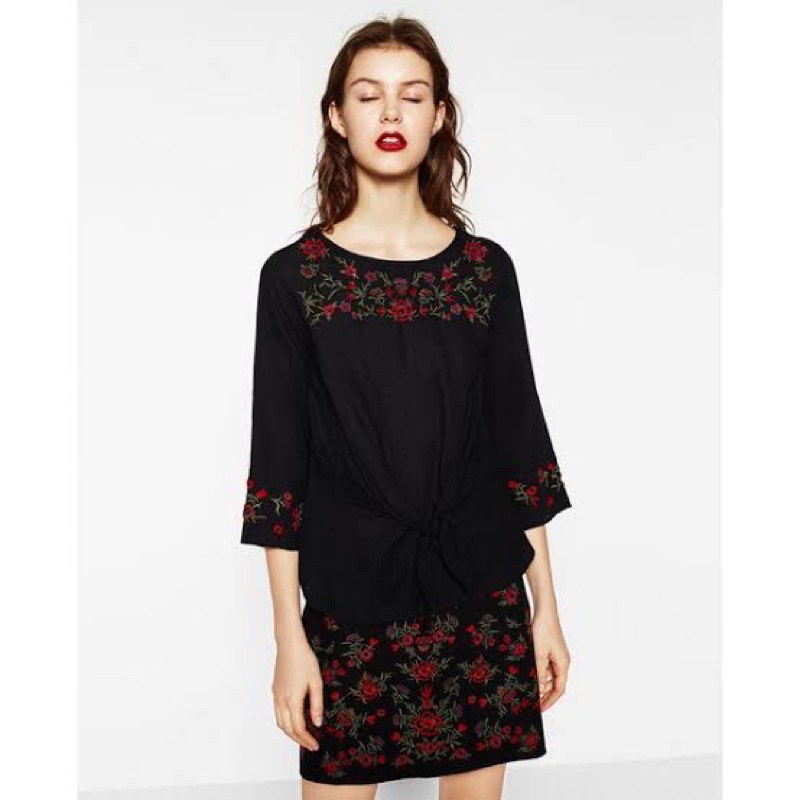 Zara Embroidered Floral with Tied Blouse Top in Big Size
