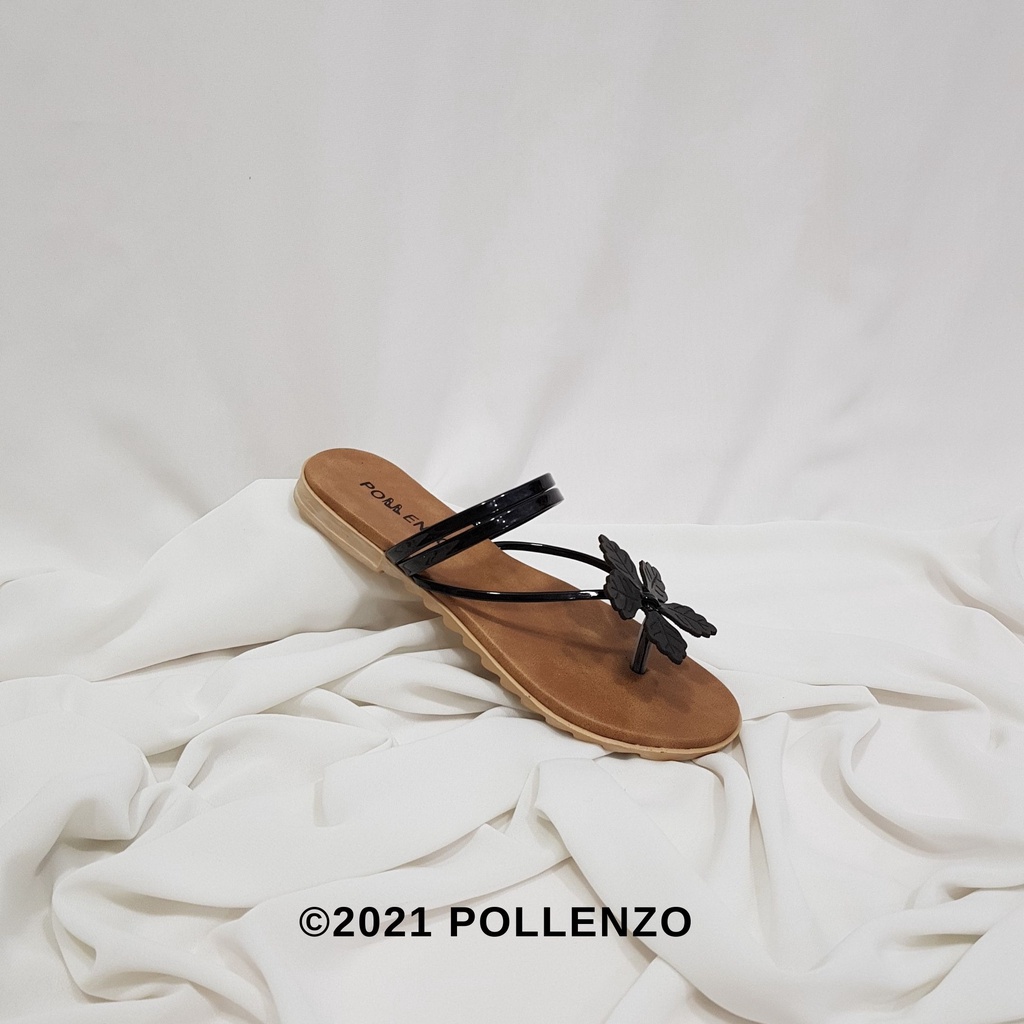 Pollenzo - Sandal Jepit Teplek Bunga Lia-086-HITAM