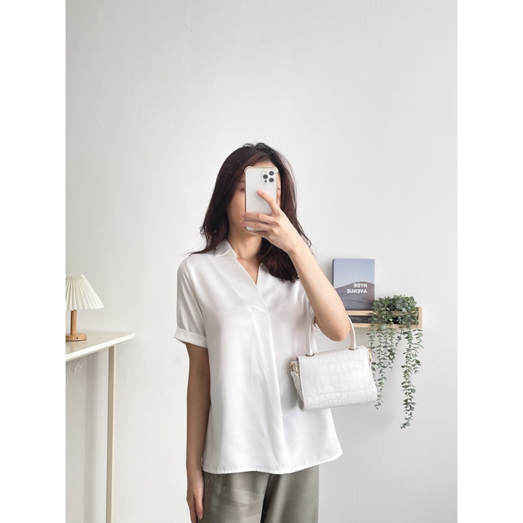 T-0456 Blouse Satin Premium Tangan Pendek Kerah Top Atasan Wanita