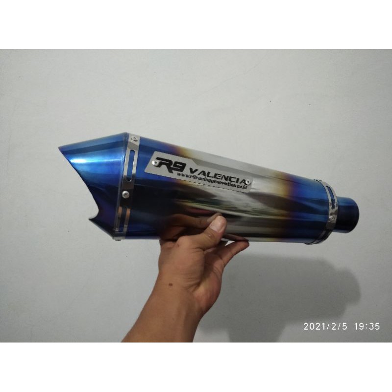 Knalpot racing R9 Valencia Half blue silincer only. bonus braket klam dan perr