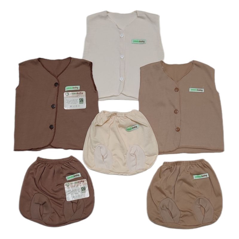 6 pcs / 3 Set Setelan Baju Bayi Baru Lahir Lengan Pendek Katun Halus Lembut SNI Baju Celana Paket Newborn Baby Perlengkapan Bayi Baru  Lahir Gift Kado Bayi Laki Perempuan-Buntung cream