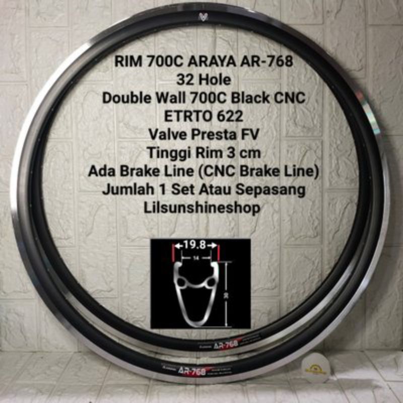 RIMS 700 C ARAYA AR-768 Lubang 32 Hole Double Wall Tinggi 3 cm Valve Presta FV Velg 700C AR768 32H E