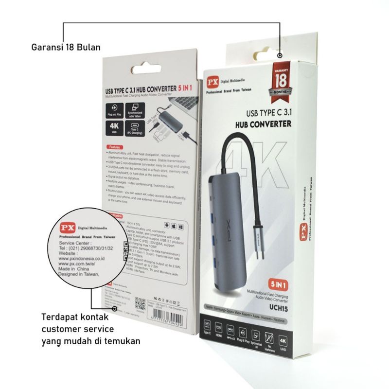 Converter Hub Adapter 5 in 1 4K USB Type C 3.1 USB HDMI PX UCH 15