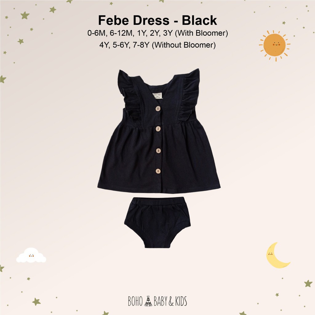 Bohobaby Febe Dress 3-4Y/Bohopanna Gaun Terusan Anak Bayi/Baju Dress Ruffle Set Celana Pendek-Black