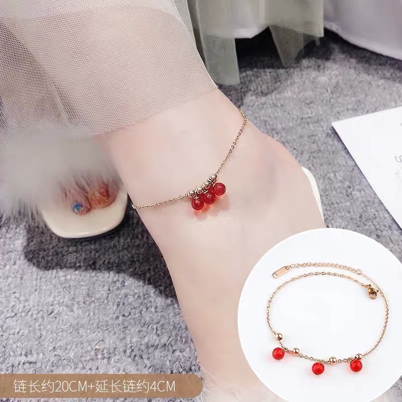 Gelang kaki tiga biji merah titanium korea style anti karat - ercassia