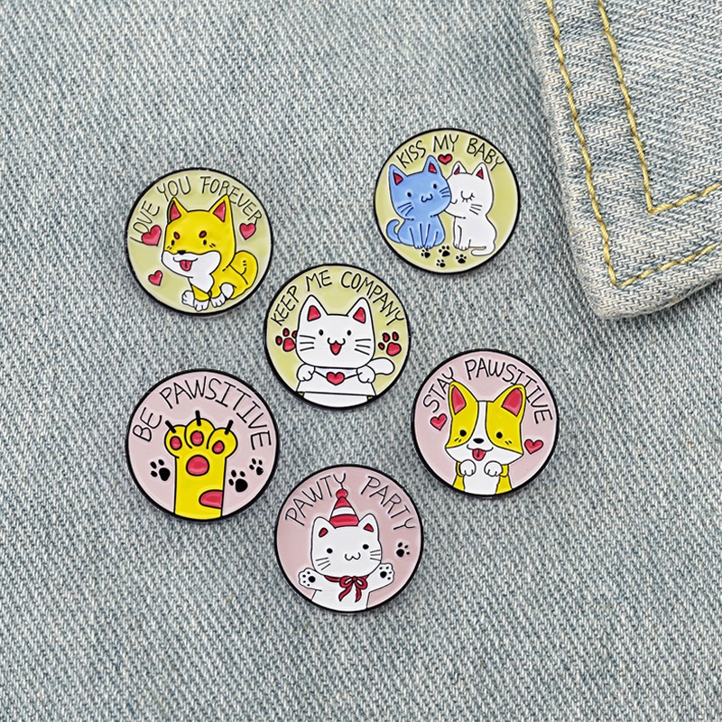 Bros Pin Enamel Bentuk Kartun Hewan Kucing Bulat Untuk Hadiah Anak