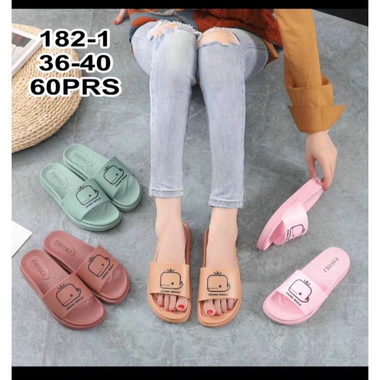 Sandal Slop Kokop Wanita Import Karet Jelly Motif Crown Whale Paus 1678