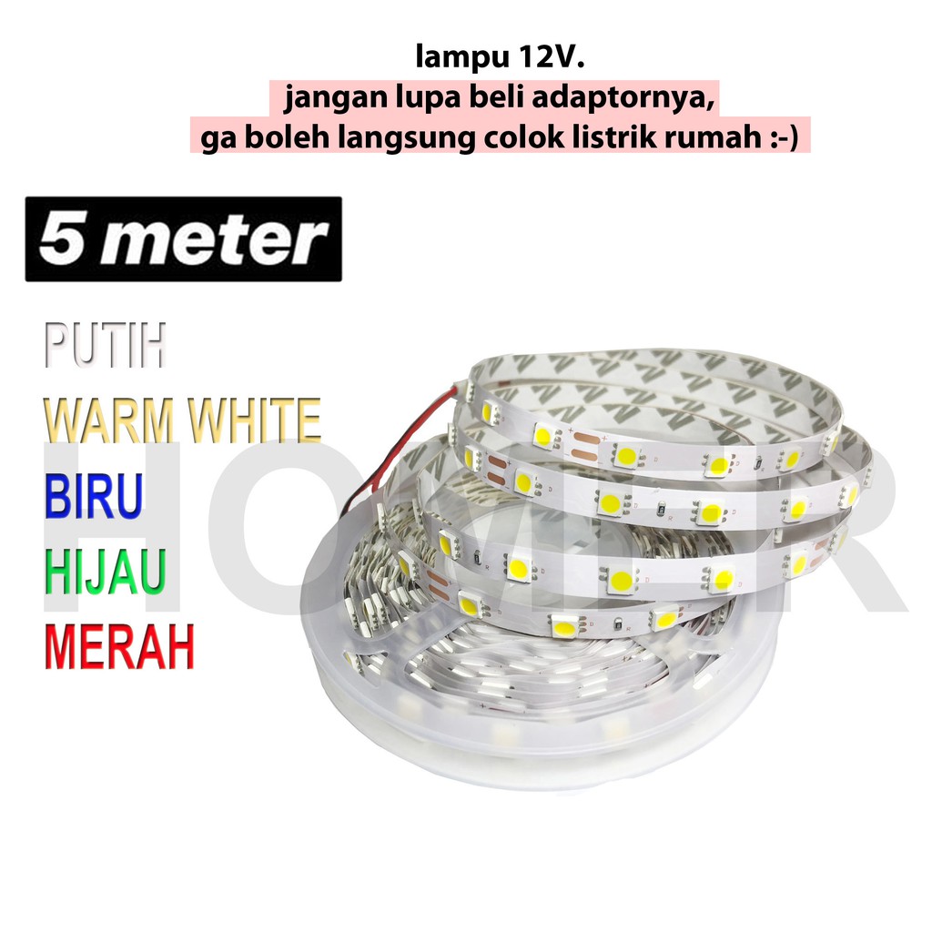 Lampu LED strip pita flexible mata besar smd 5050 ip33 ip20 ip22 ip33 nonwaterproof DC 12v 12 volt 5 meter 5m lampu led mata besar indoor tempel led strip 5050 tape dekorasi kamar ruangan lampu hias putih warm white biru hijau kualitas bagus super terang