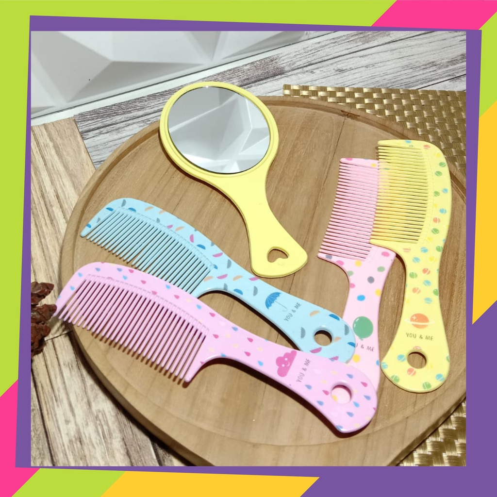 1540 / 1 set cermin kaca oval &amp; sisir gagang / Cermin rias oval anak plus sisir gagang