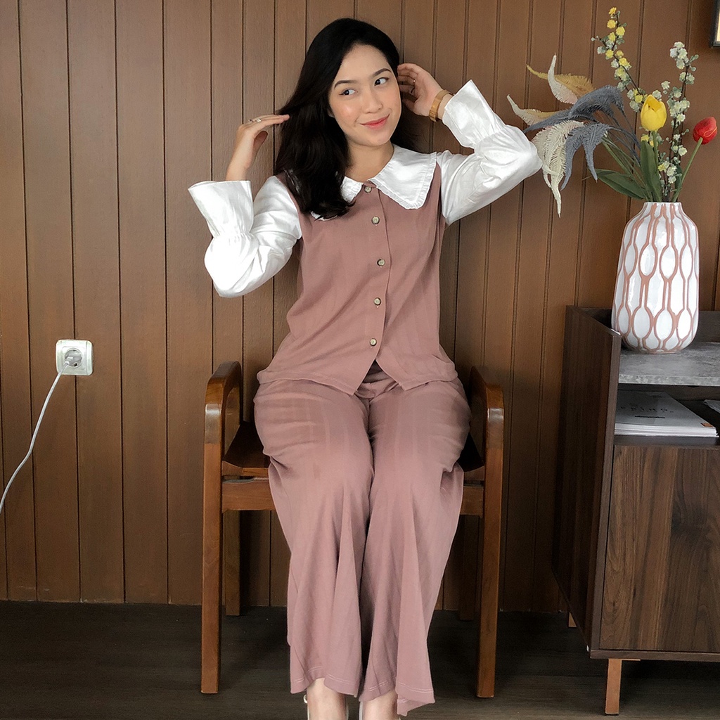 Isla Kimi Set Velvet - Friska Pants - Pakaian Wanita - Blouse Korea - Textured Knit Cotton-5