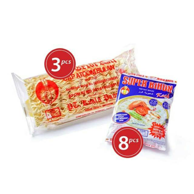 

Paket D - Mie Telor Asli Cap Atoom Bulan / Atom Bulan (3 pcs) + Super Bihun Kuah (8 pcs)