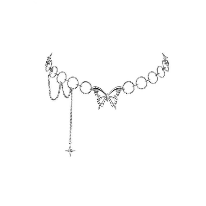 Kalung Choker Desain Kupu-Kupu Bahan Alloy Warna Silver Gaya Hip Hop Punk Gothic