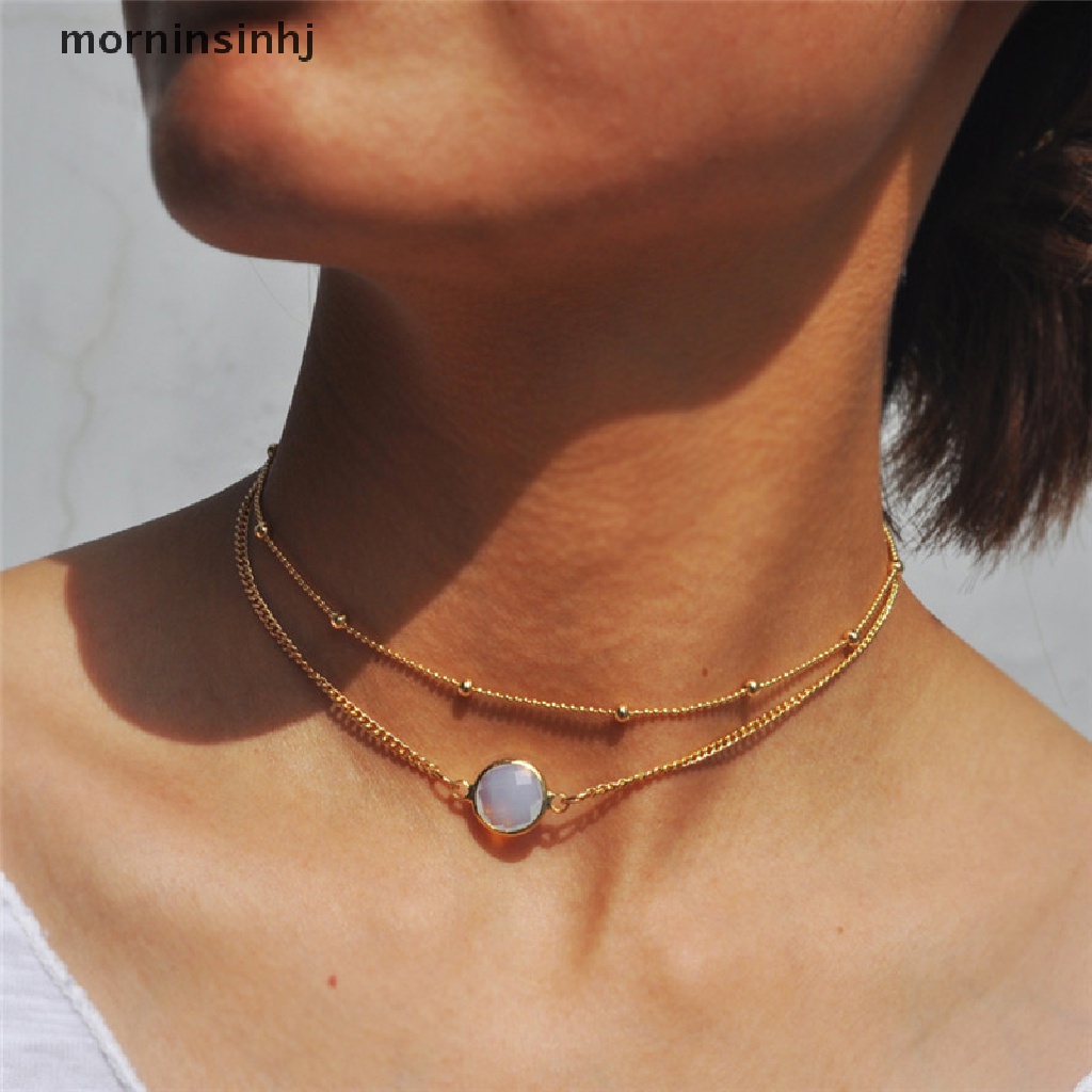 Mornin Kalung Choker Rantai Emas Banyak Lapis Dengan Liontin Kristal Elegan Untuk Wanita