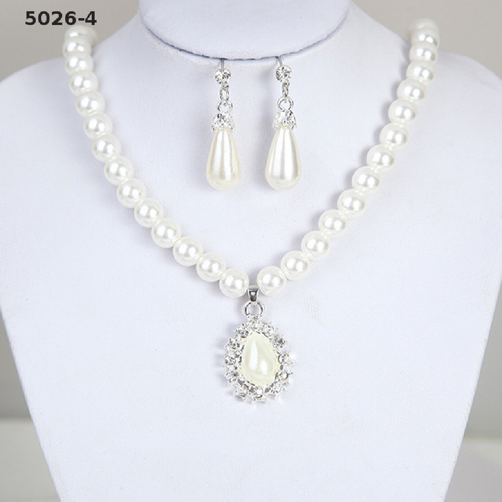 5026-4 Elegant Pearl Crystal Drop Earrings Chain Necklace Wedding Party Jewelry Set 5026-4