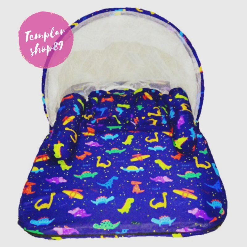 Kasur Bayi Lipat Kelambu Set Baru Lahir Murah  bisa bayar di tempat/cod premium quality-Dinosaurus navy lipa