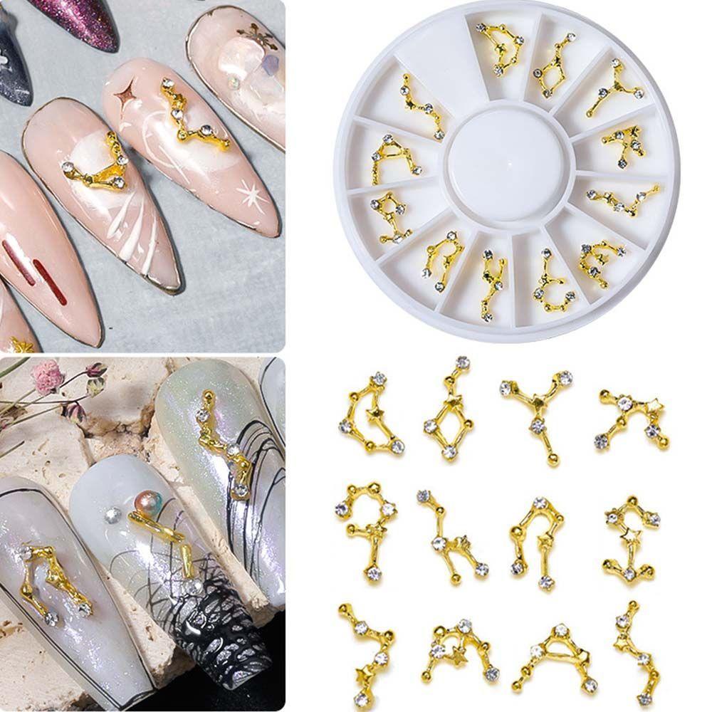 Mxbeauty 3D Dekorasi Kuku Emas Fashion 12rasi Bintang Strass Batu Kuku decals Alloy Hiasan Kuku