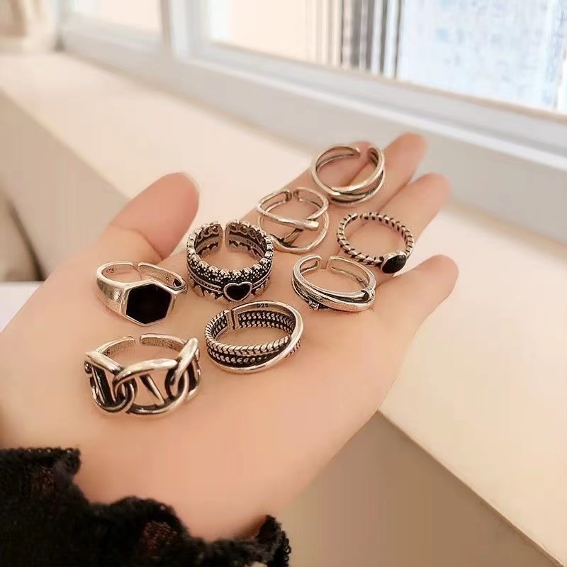 IFYOU 7pcs / set Cincin Rantai Geometris Bentuk Hati Warna Silver Gaya Vintage Untuk Wanita