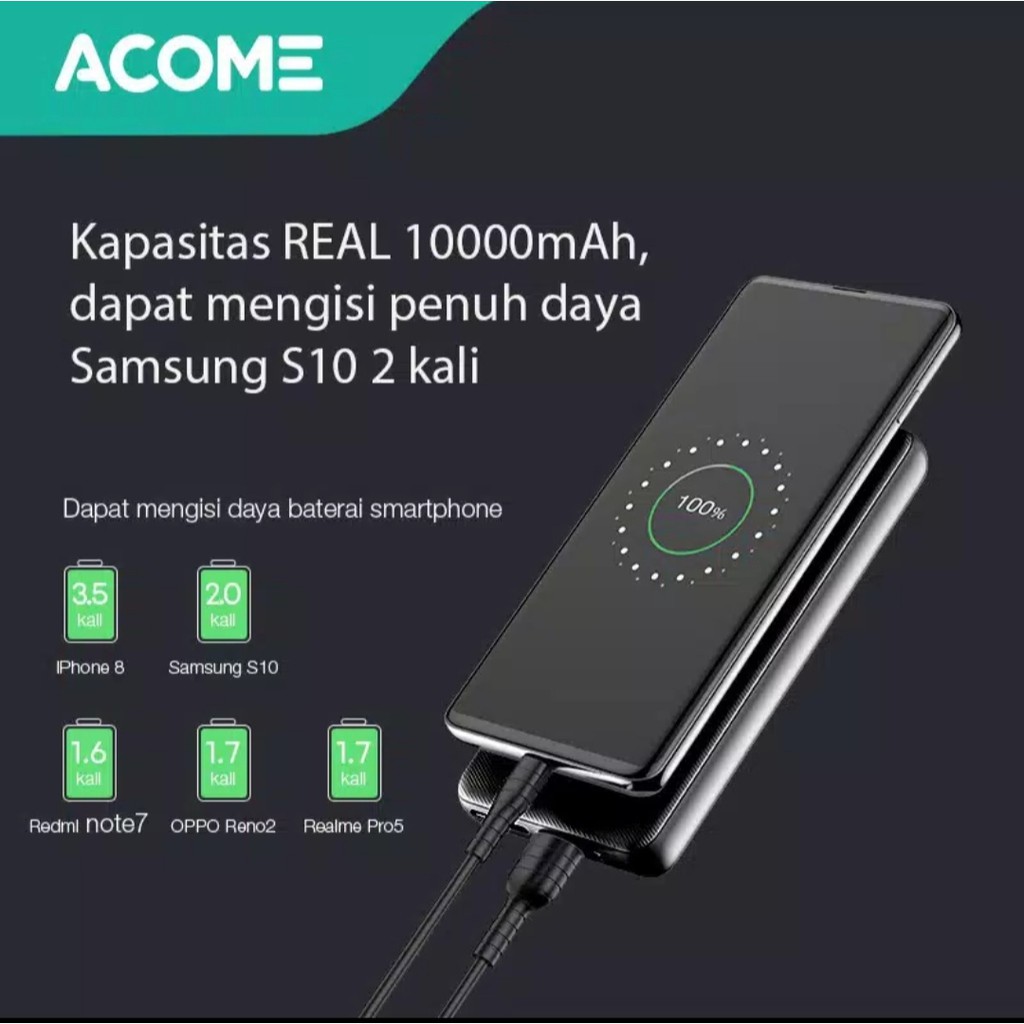 KHANZAACC ACOME AP104 POWERBANK 10000mAh 2 Input 3 Output Fast Charging PD QC3.0