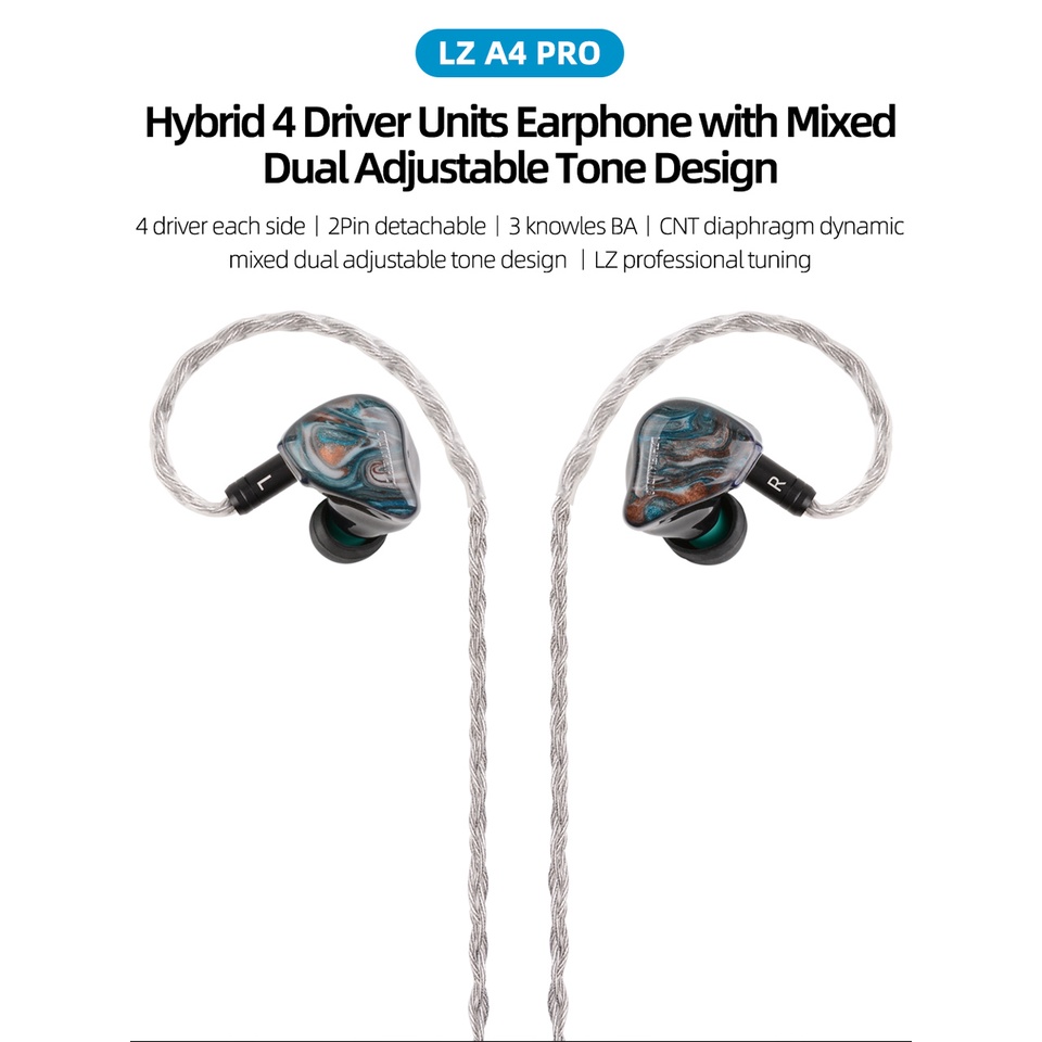 LZ A4 PRO HIFI In-Ear Earphone 1 CNT Diaphragm DD + 3 Knowles BA Resin Headset Replaceable Filter and Cavity Tuning Hole IEM A7