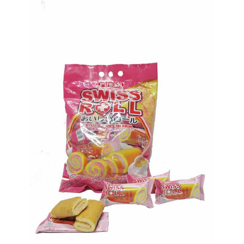 

Pusan swiss roll cake 360gr isi 20's tersedia rasa coklat, stroberi,pandan