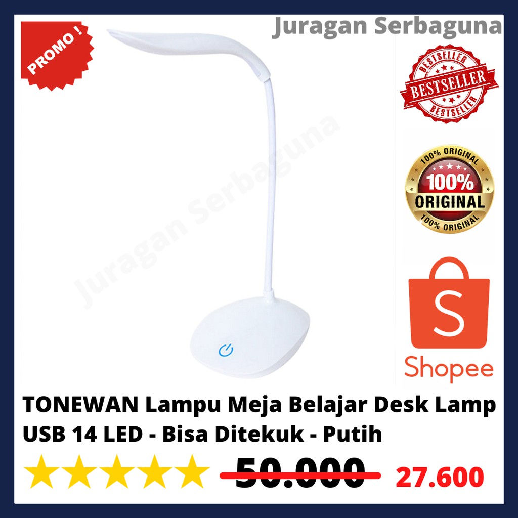 TONEWAN Lampu Meja Belajar Desk Lamp USB 14 LED - T301 - White - Bisa Ditekuk