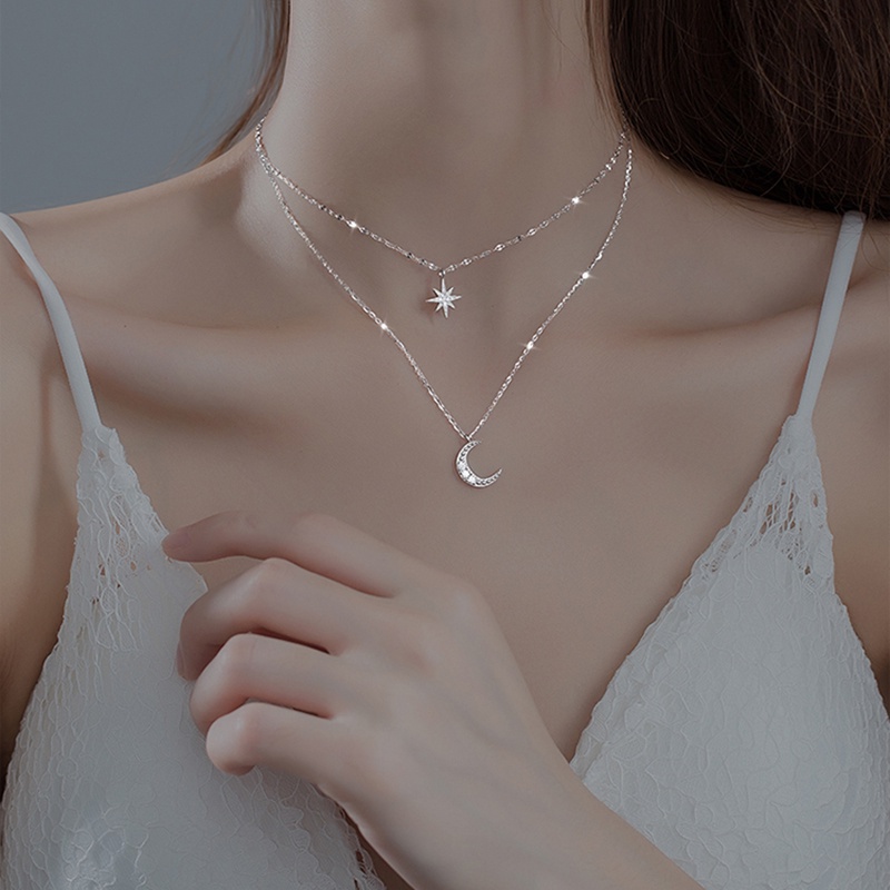 Fashion Star Moon Pendant Necklace Kalung Elegant Silver Multi Layer Chain Necklaces for Women Jewelry