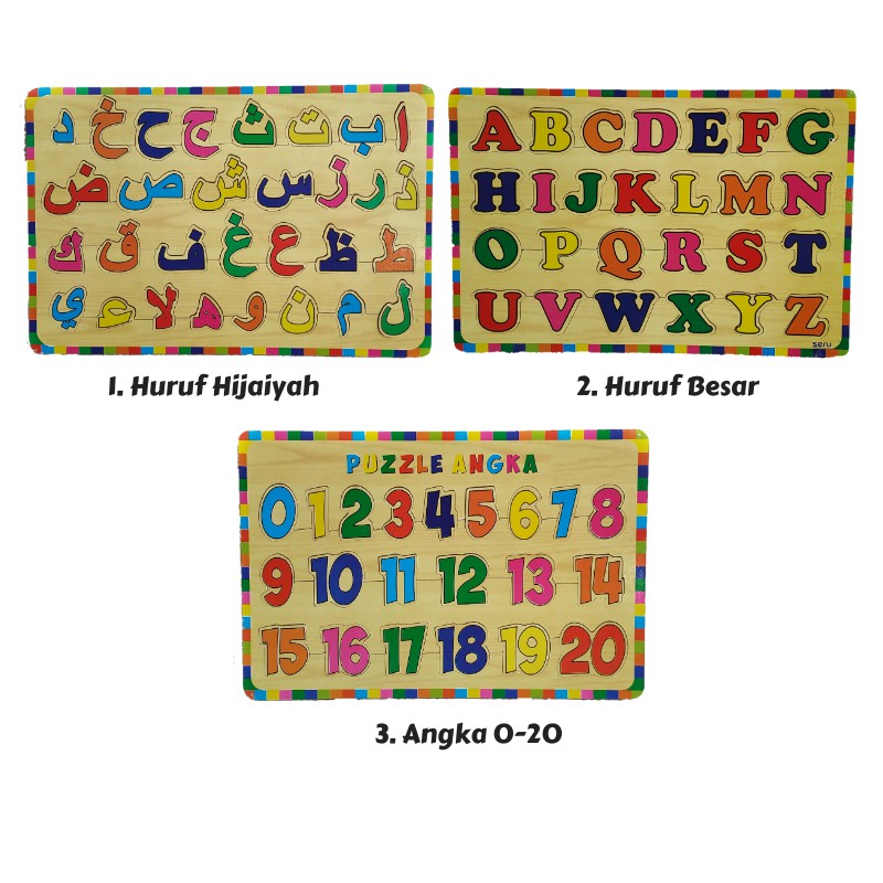 Rapid Toys Isi 3 Paket Puzzle Kayu Edukasi Edisi Baru / Huruf Hijaiyah Huruf Besar Dan Angka