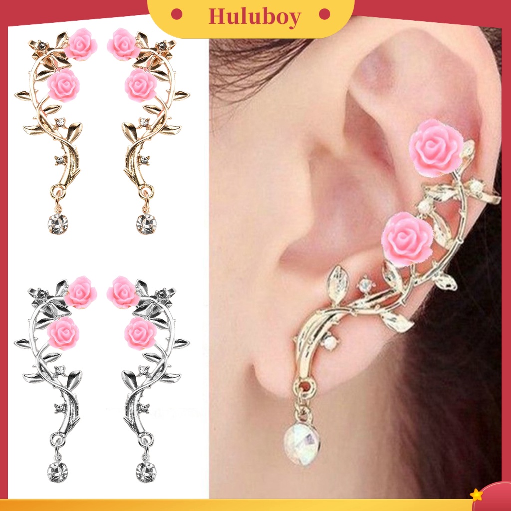 Hu Hu Hu Hu Hu Alat Bantu Pasang Kacamata♡ 1 Pasang Anting Klip Bentuk Bunga Mawar Aksen Berlian Imitasi Untuk Wanita