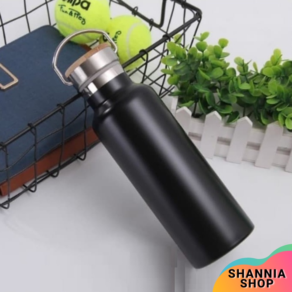 H599 [ HITAM ] Termos Tutup Bambu 500ml / Tumbler Stainless Steel Tahan Panas ( H-599 )