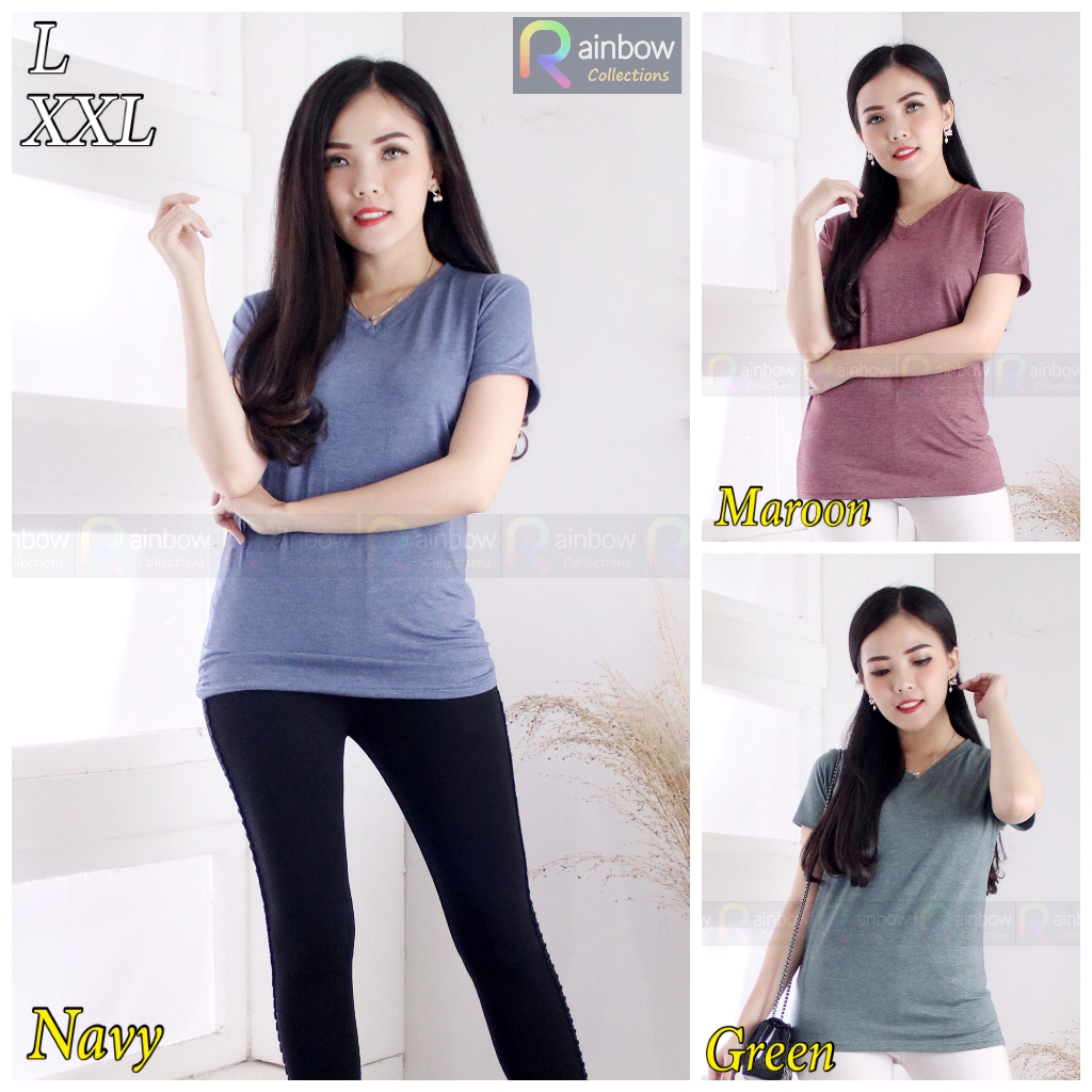 V-NECK Cewek TWOTONE Pendek L dan XXL / Kaos TUTON Basic Wanita Jumbo