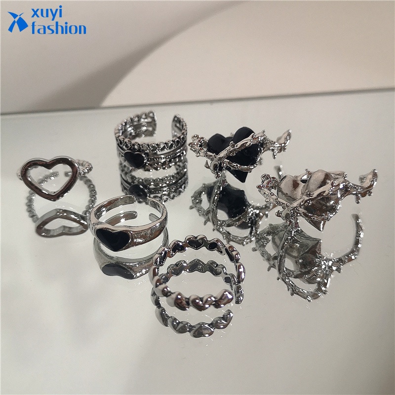 Set Cincin Warna Silver Dapat Disesuaikan Gaya Punk Korea Untuk Wanita