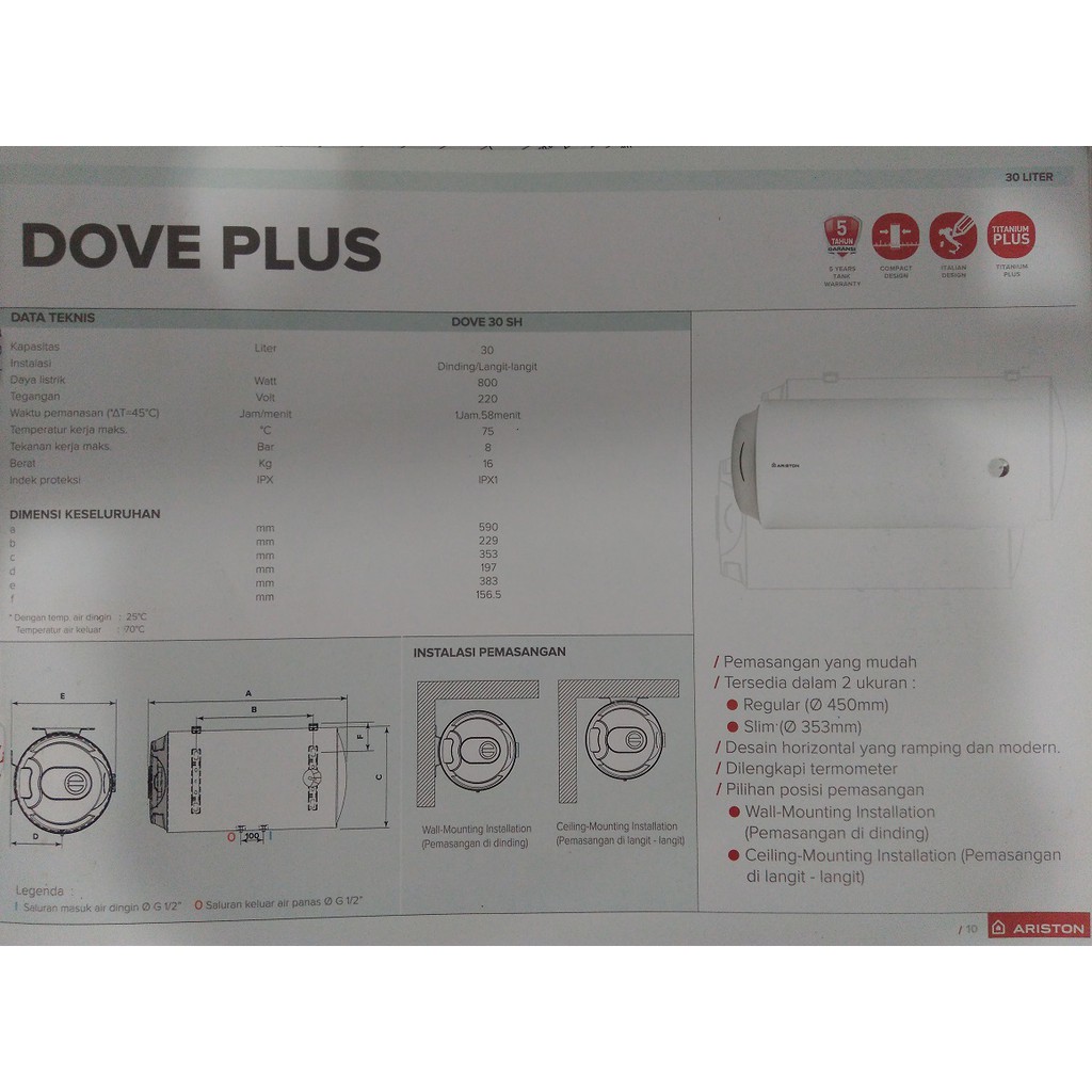 Ariston Dove Plus 30 liter Listrik Water Heater 800 Watt Pemanas Air 3-4 Orang