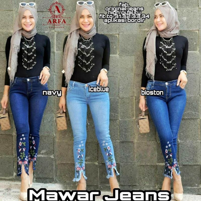Celana Jeans Panjang Wanita Bordir Mawar. Celana Jeans bordir mawar. Celana Jeans bordir terbaru