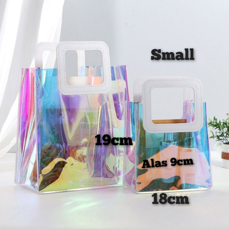 TAS PVC MEWAH TRANSPARAN BENING PUTIH DAN HOLOGRAM TAS HADIAH IMLEK /NATAL PB30