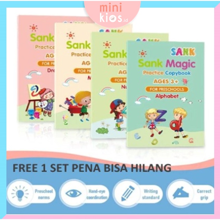 SANK MAGIC BOOK / BUKU LATIHAN MENULIS 1SET ISI 4PCS (FREE PENA)