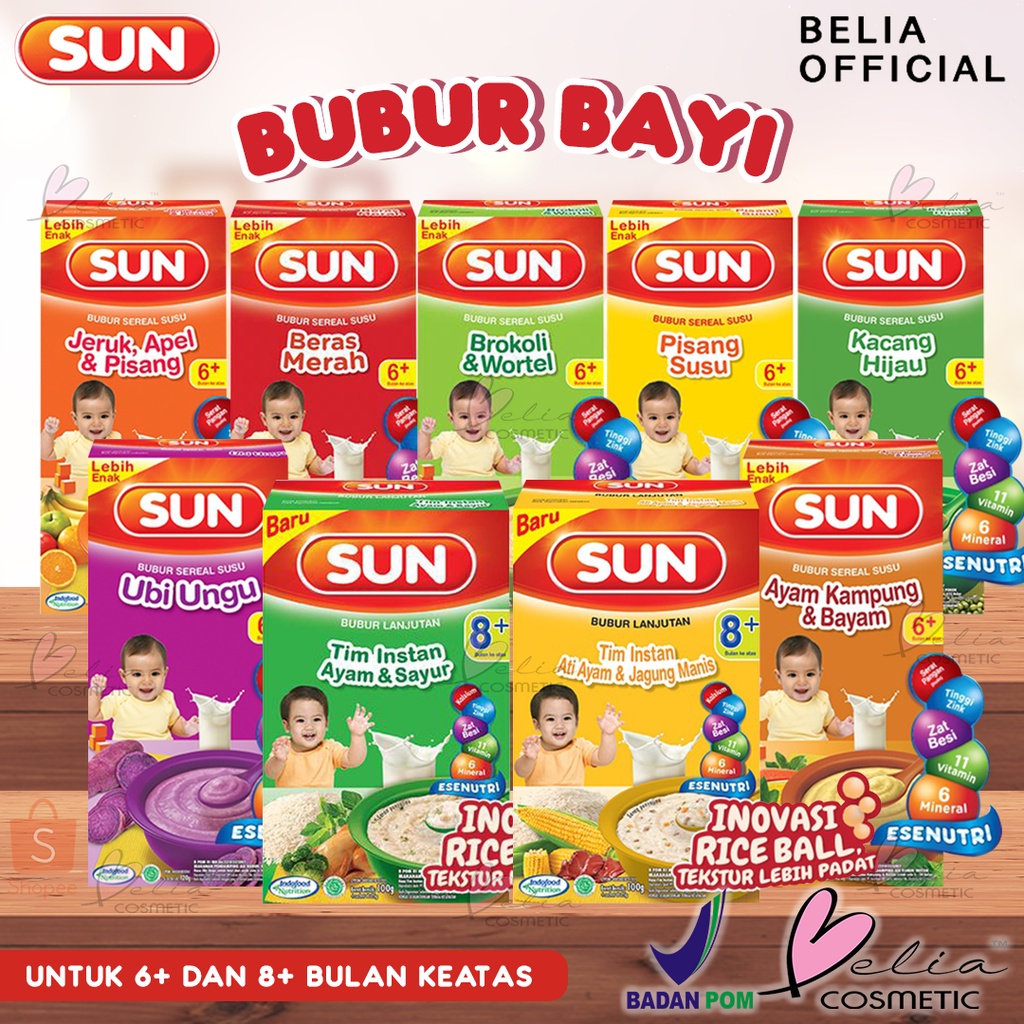 ❤ BELIA ❤ SUN Bubur Sereal Susu 100g &amp; 120g Bayi 6+ bulan keatas | Tim Instant 8+ | Instant | Makanan Aman Baby | Sehat | MPASI | Pendamping ASI | HALAL BPOM