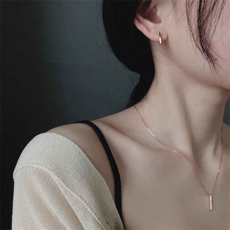 AZ017 Kalung Bandul Berlian Desain Vertikal Warna Silver/Rose Gold Kalung Anti Karat Murah Necklace Jewelry Gift Aksesoris Wanita