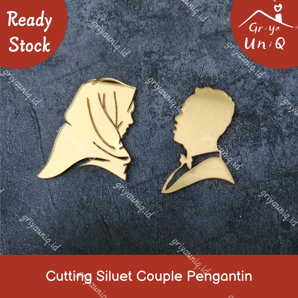 Cutting Siluet Couple Pengantin Hijab Akrilik Gold