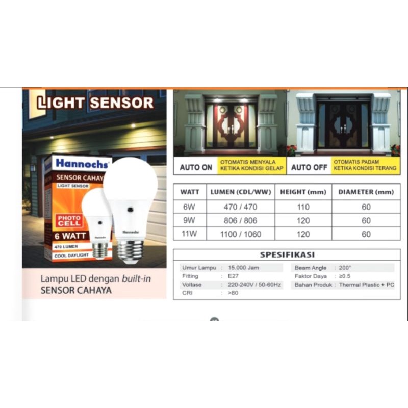 Lampu Led Sensor Cahaya 6w,9w,11w - Light Sensor Otomatis Hannochs