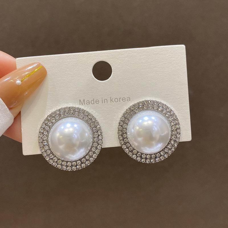 Anting Stud S925 Silver Bentuk Bulat Geometris Aksen Mutiara Berlian Imitasi Untuk Wanita