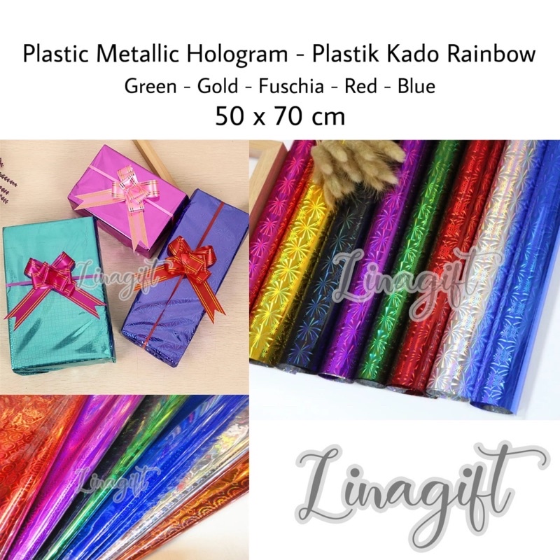 ( 5 Lembar ) PLASTIC METALLIC HOLOGRAM - PLASTIK KADO METALIK SHINY MENGKILAP RAINBOW GLOSSY BICOLOR 2 SISI WARNA LASER PRINT EXCLUSIVE FANCY RED PINK BLUE GREEN GOLD PURPLE SILVER