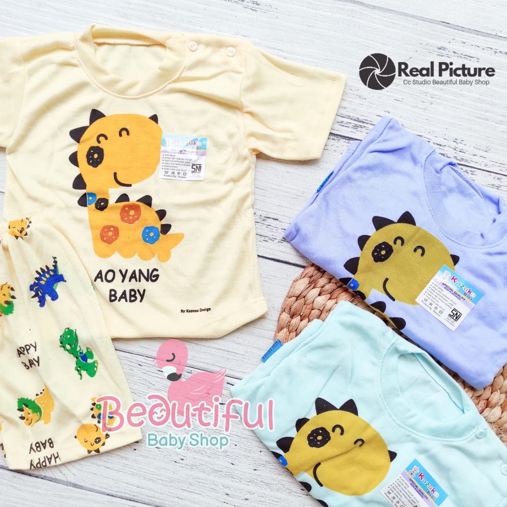 Setelan Baju Bayi Lengan Pendek Celana Pendek SNI 3-12 Bulan Motif Dino / Baju Bayi Pendek / Setelan Harian Bayi Merk Kazuka / Kaos Oblong Bayi &amp; Anak Kancing Pundak / Baby.ou