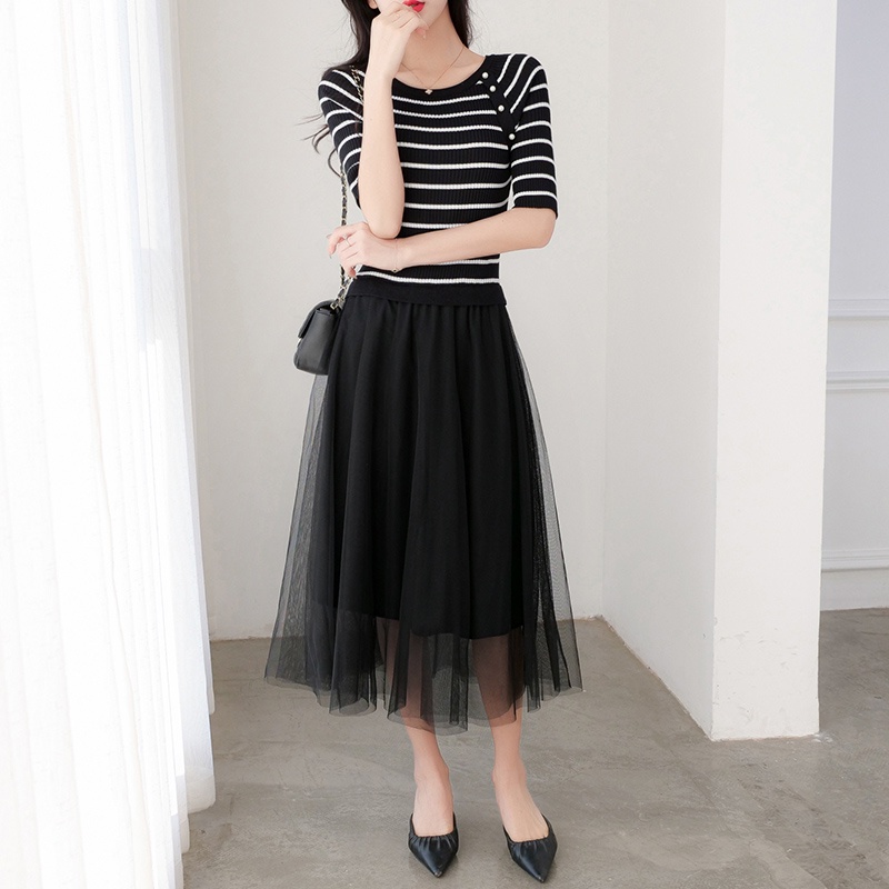 【Elegant】 Korean Solid Hem stitching Gauze Premium Knit Dress  7367