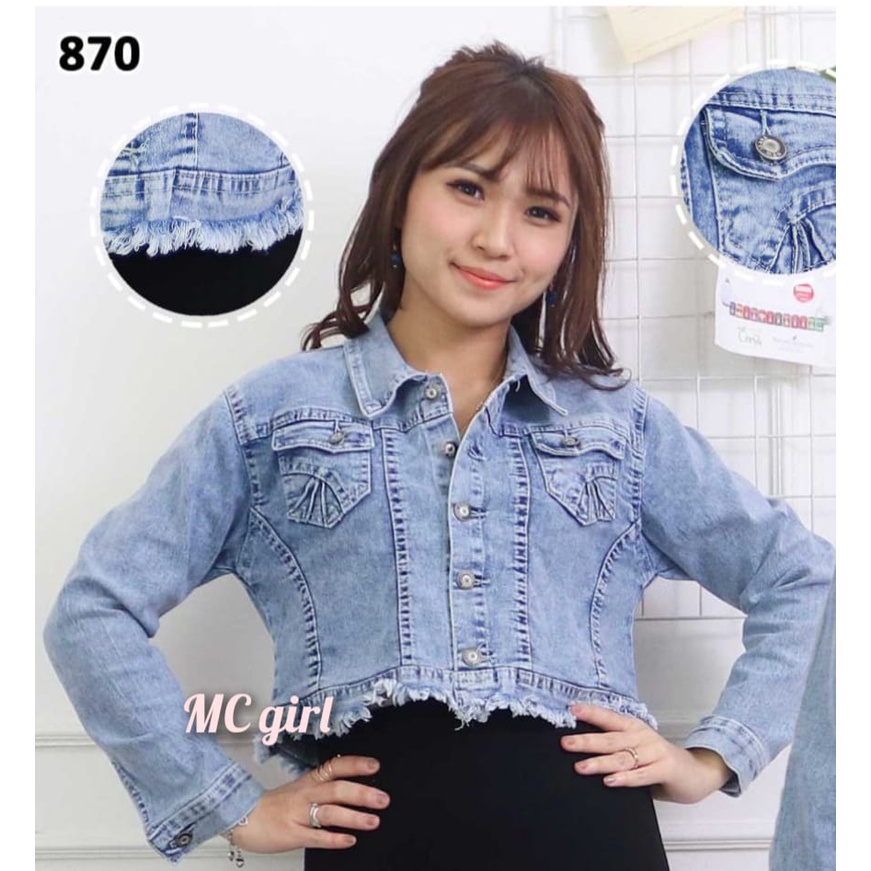 MC girl - Jaket Jeans Crop Rawis Gambar Pita Belakang 3D Wanita / Jacket Lepis Body Pendek Rumbai Gambar Belakang Sequin Cewek / Jaket Denim Snow Wash