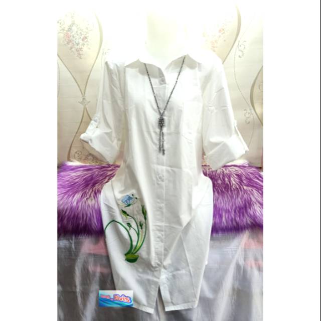 Tunik / Kemeja / Wanita / Cewek / Putih / Bordir Kupu Bunga