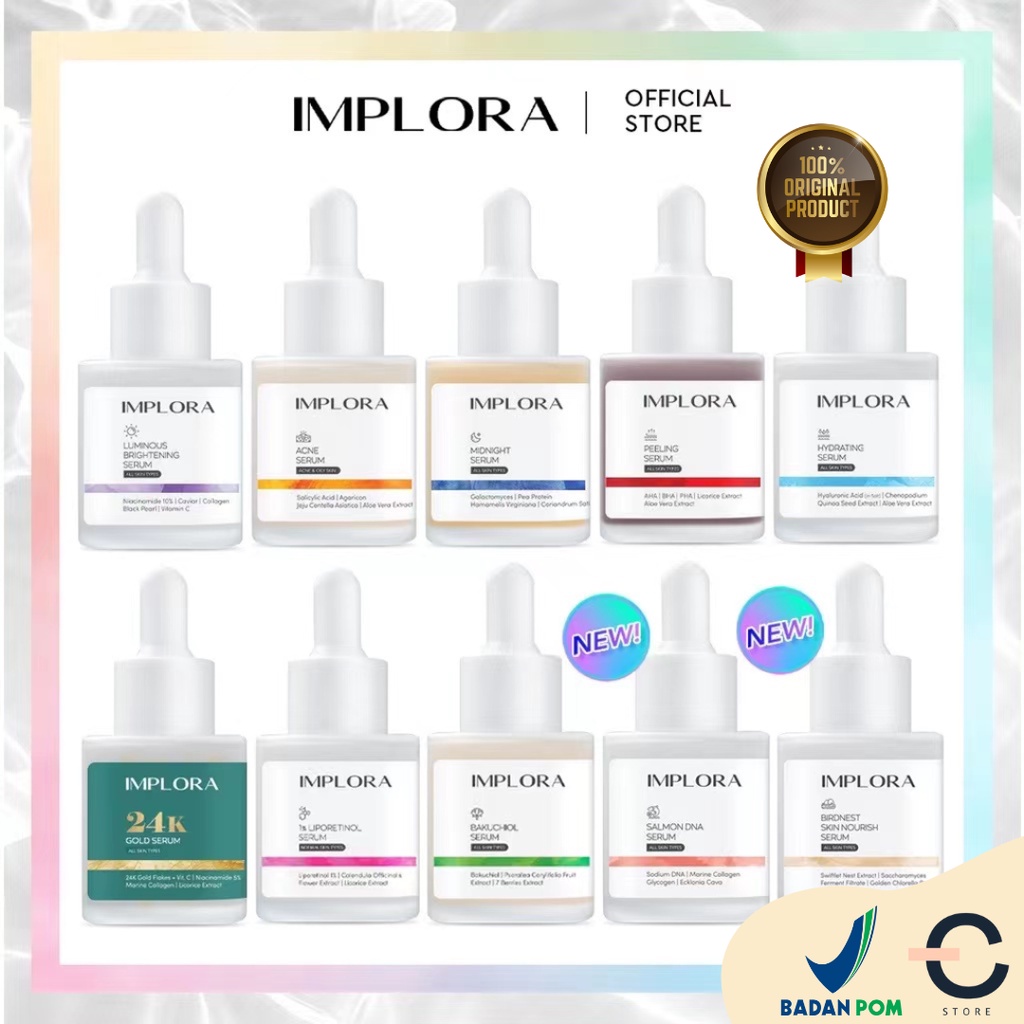 [BPOM &amp; ORI] IMPLORA Serum Wajah 20ML ALL 10 VARIANT (NEW SALMON DNA &amp; BIRDNEST SERUM) | IMPLORA Face Serum | 24K Gold | Hydrating | Acne | Brightening | Peeling | Midnight Serum | Luminous | Bakuchiol | Skin Care Skincare