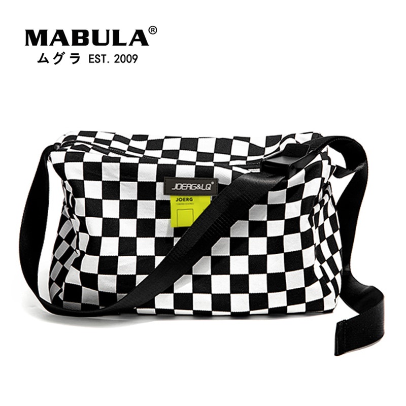 PREORDER MABULA Tas Olahraga Gym Kotak-kotak Hitam dan Putih Tas Bahu Wanita Kanvas Kasual Kotak-kot