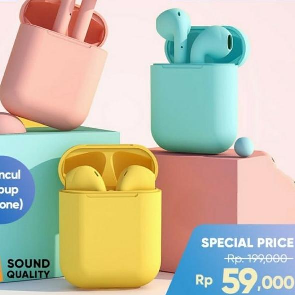 ➸ HEADSET BLUETOOTH I12 MACARON - HANDSFREE I12 WIRELESS MACARON BIASA - i12 MACARON, Kuning ♗