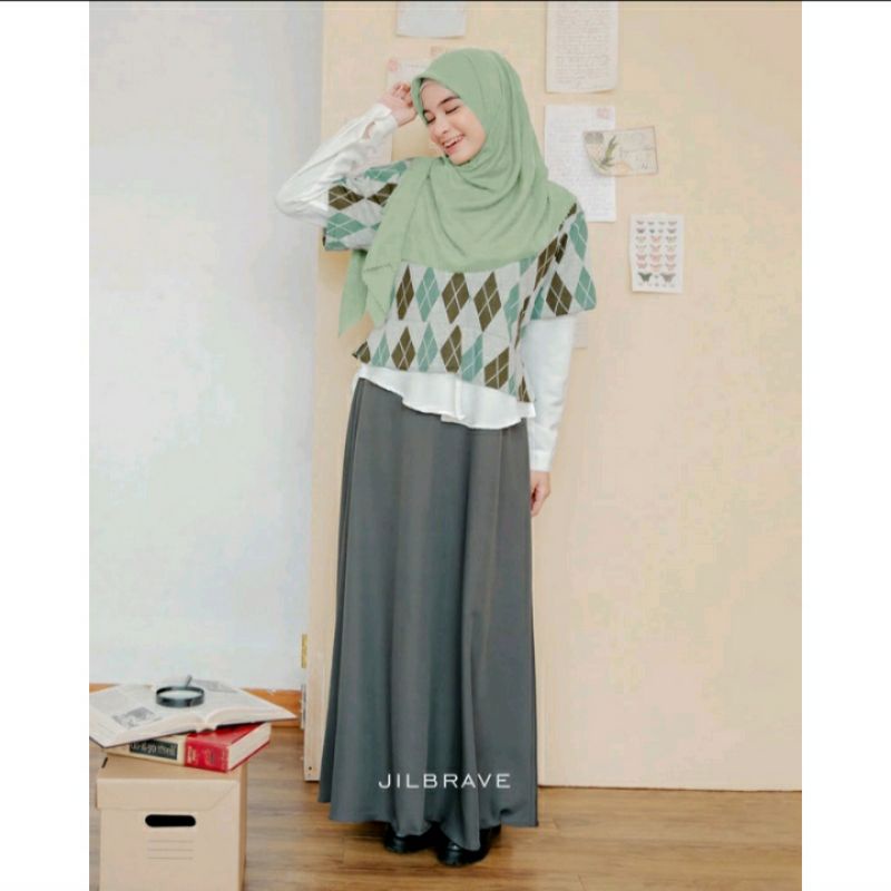 Original Jazlyn Dress Dengan Vest Knit Motif Argyle Ala Korea by Jilbrave